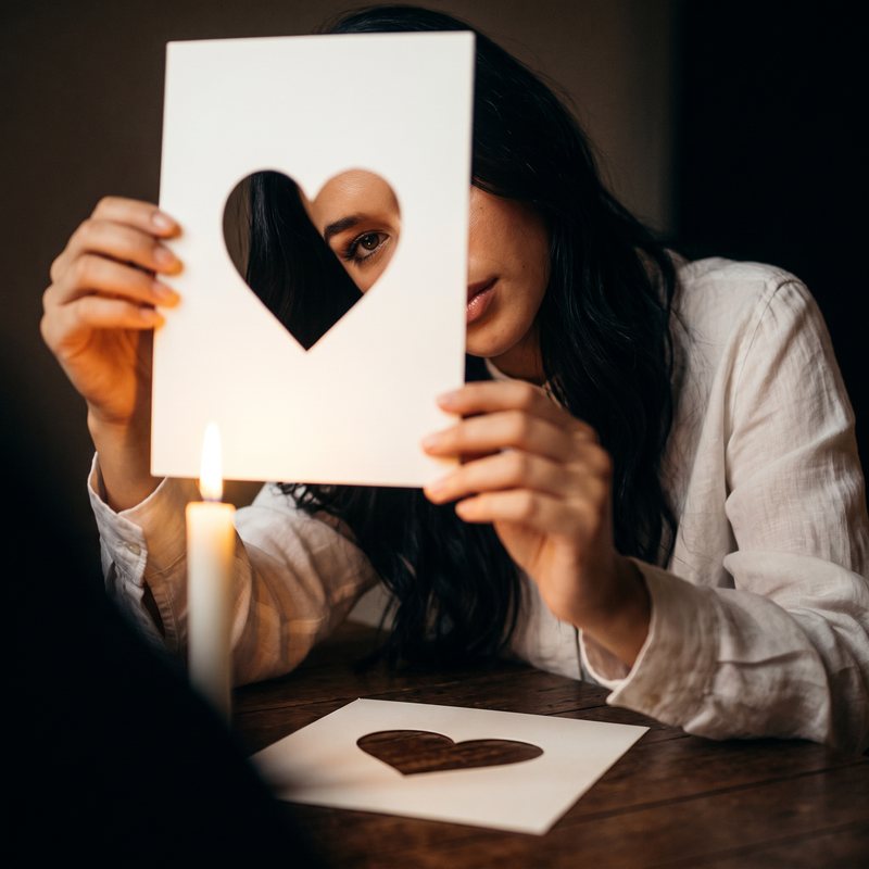 Nova Rai holding up a sheet of paper with a heart cut out of it, her eye through the heart, a candle in front