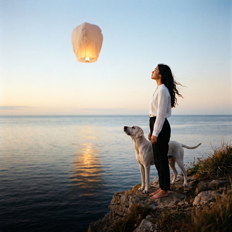 Nova Rai on a sea cliff at dawn beside a white dog, both watching a paper lantern rise