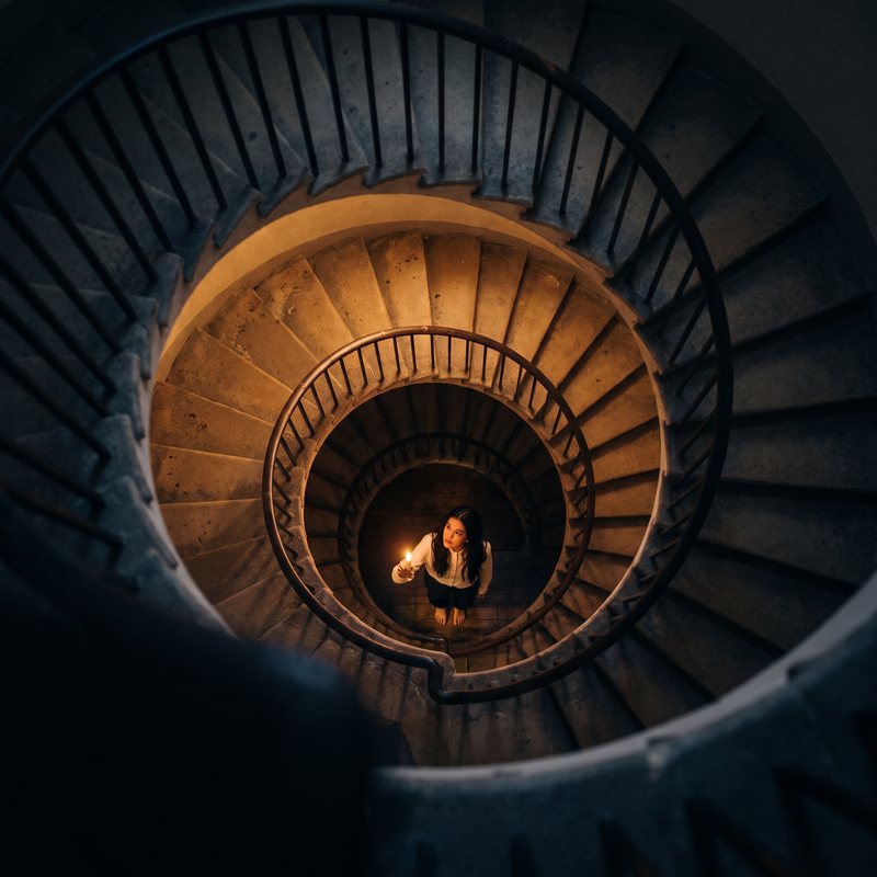 Nova Rai holding a candle up at the bottom of a deep spiral staircase
