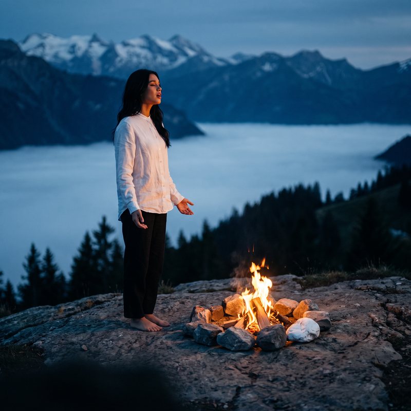 Nova Rai on a stone ridge above a sea of fog at dusk beside a small fire
