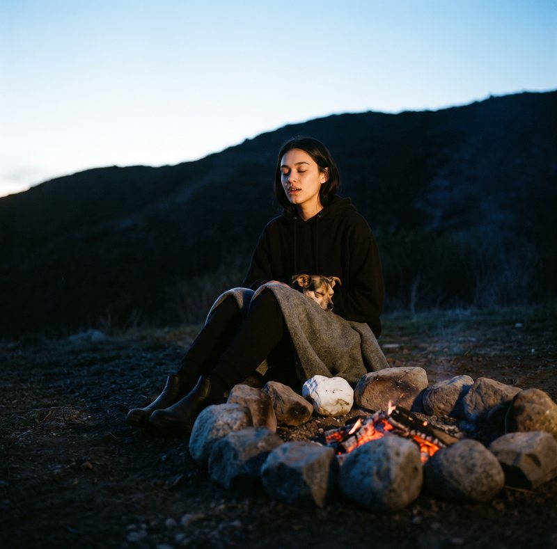 Nova Rai sitting on a hillside at dusk by a ring of stones and a dying fire