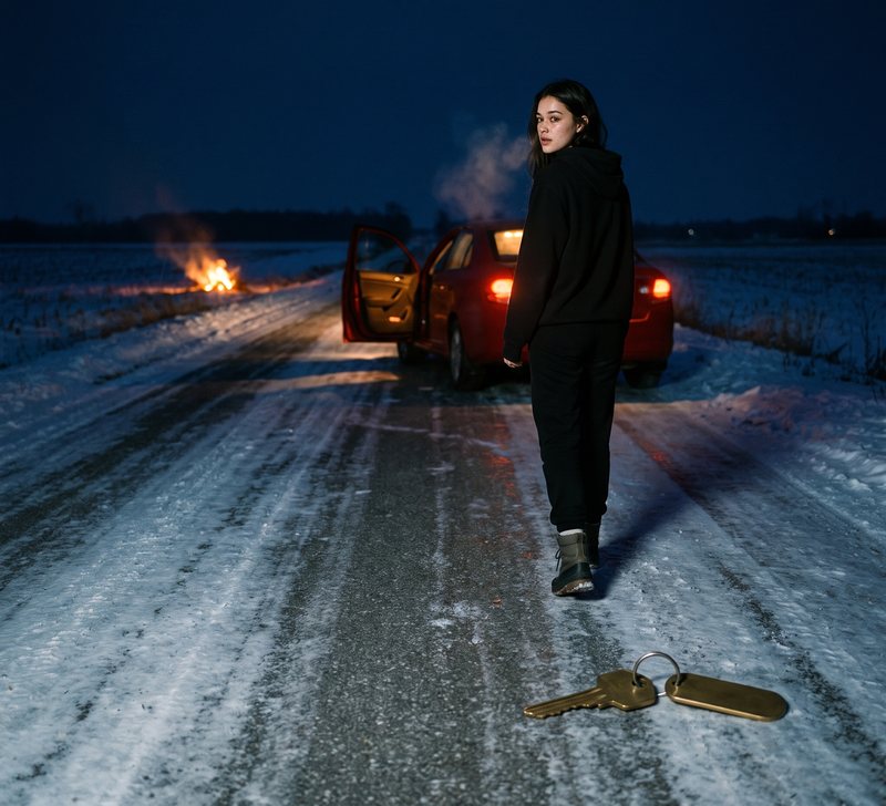 Nova Rai walking away from a red car on a frozen road at night, a small fire burning ahead