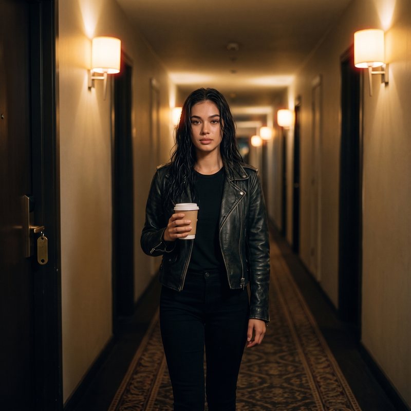Nova Rai walking down a long hotel corridor at night with a paper cup of coffee