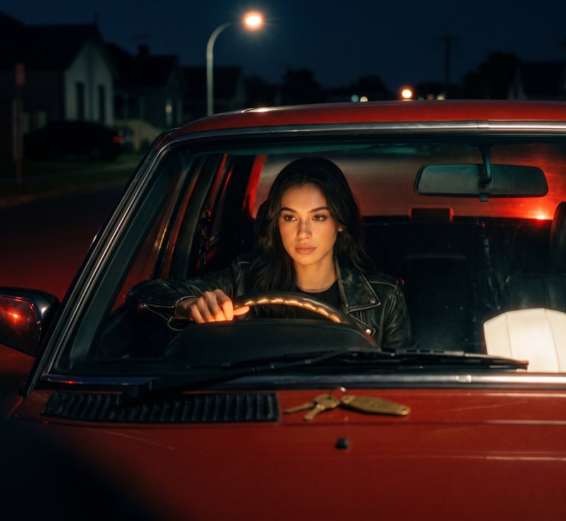 Nova Rai at the wheel of a red car at night, a key on the dashboard