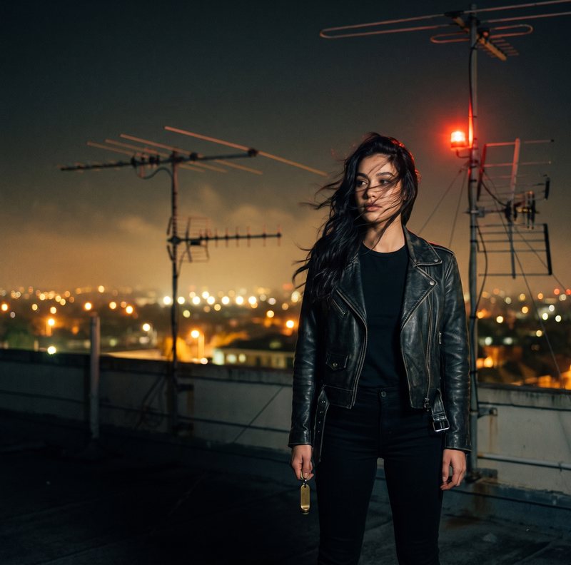 Nova Rai on a rooftop among old antennas above the city lights at night, wind in her hair