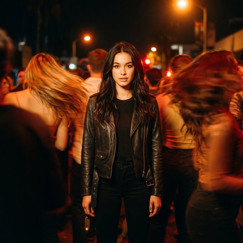 Nova Rai standing still in a blurred dancing crowd at night