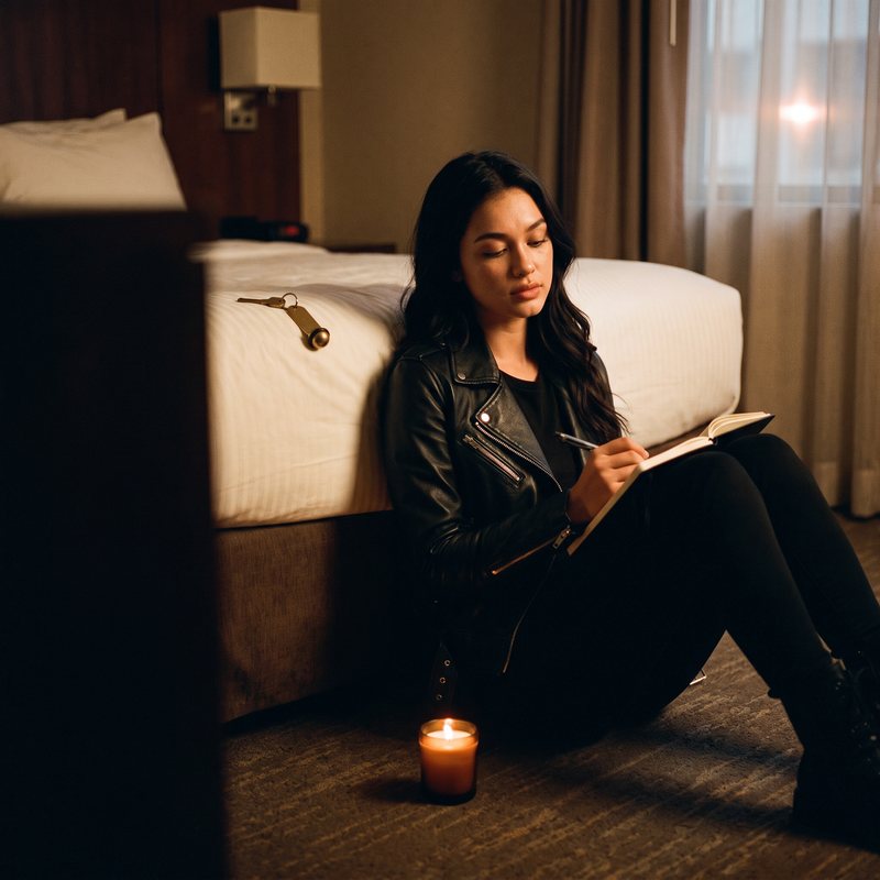 Nova Rai sitting on a hotel floor against the bed, writing by a candle