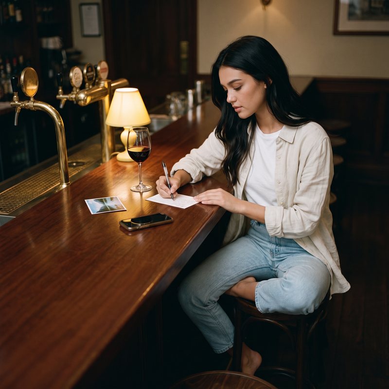 Nova Rai writing a postcard at a wooden bar counter by a small lamp