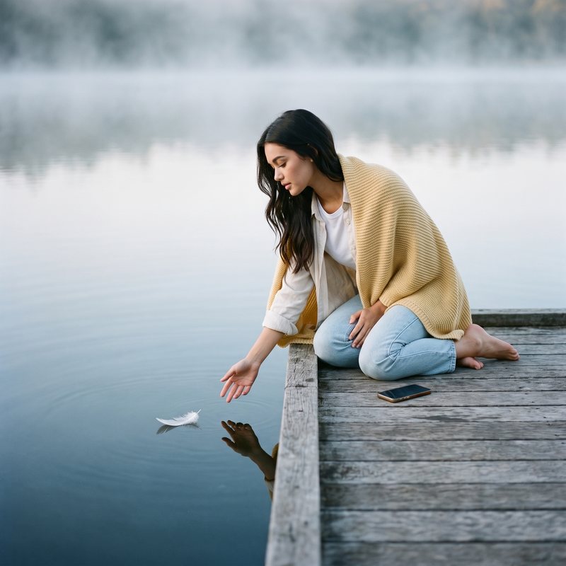 Nova Rai kneeling on a dock in the morning mist, setting a paper boat on the water