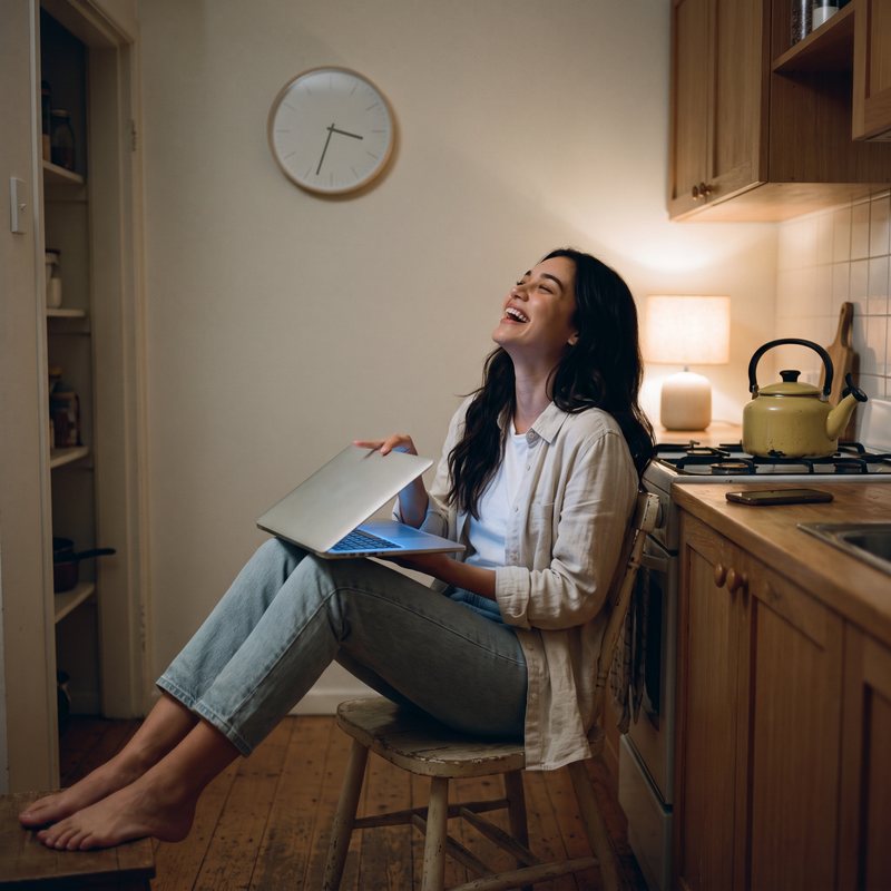 Nova Rai laughing on a kitchen chair with her laptop on her knees