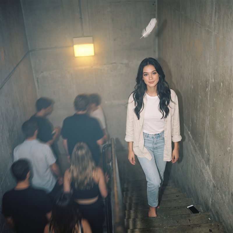 Nova Rai walking up a concrete stairwell at midnight, a white feather floating above her