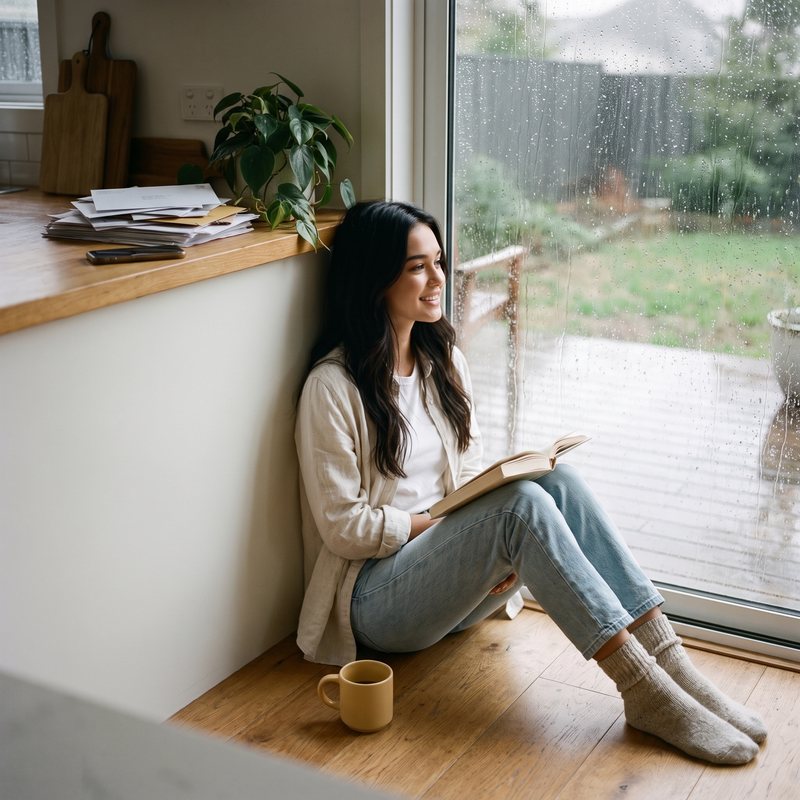 Nova Rai sitting on the floor by a rainy garden window with a book and a mug
