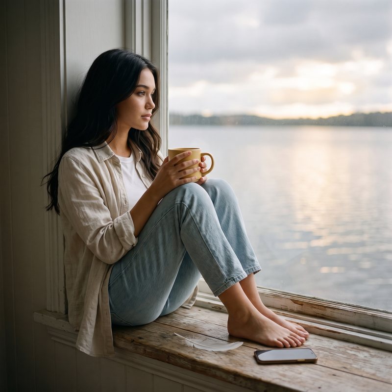 Nova Rai on a window seat above a lake with a mug in her hands