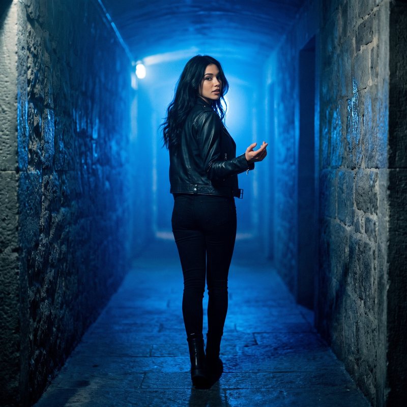 Nova Rai in a blue-lit stone tunnel at night, looking back
