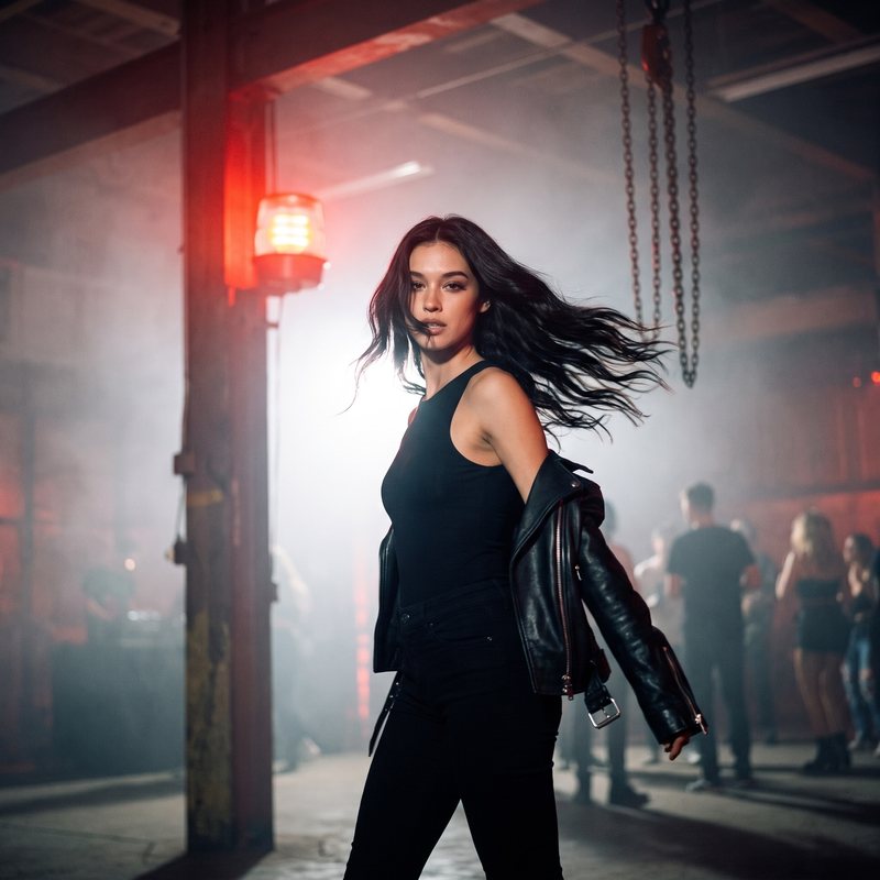 Nova Rai with her hair flying and her jacket swinging in a red-lit club