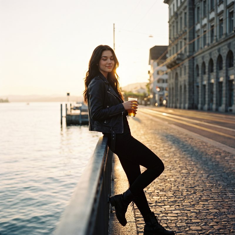 Nova Rai leaning on a lakeside railing at sunrise on an empty cobbled quay