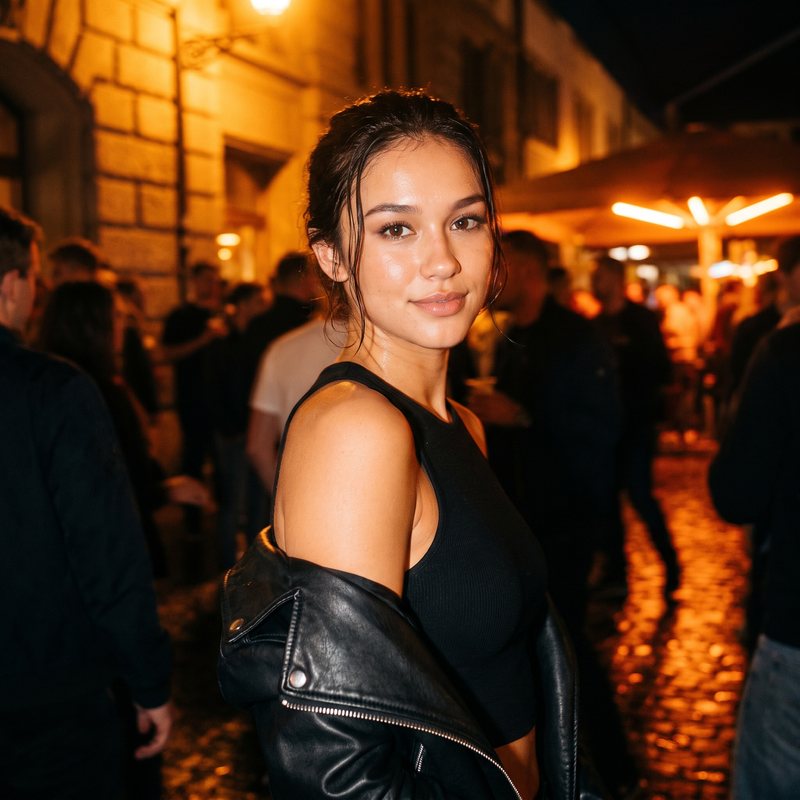 Nova Rai smiling over her shoulder at a crowded outdoor bar at night