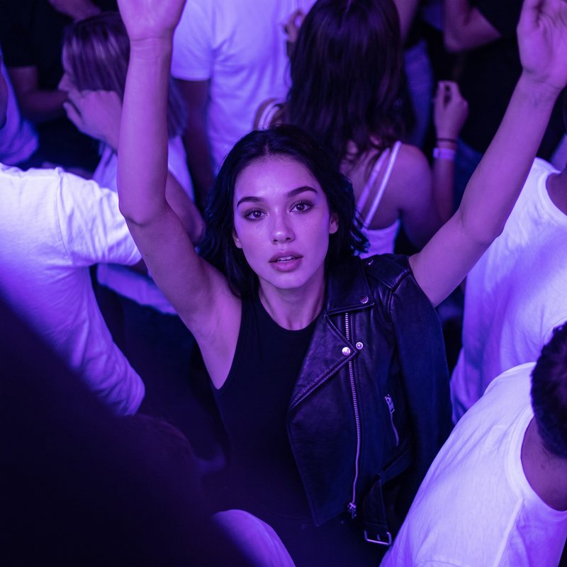 Nova Rai in a crowd in purple light, arms up all around her