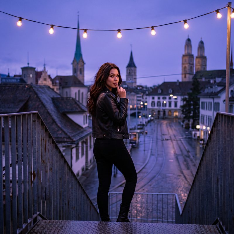 Nova Rai on a rooftop terrace at violet dusk under string lights, church spires behind her, a finger to her lips