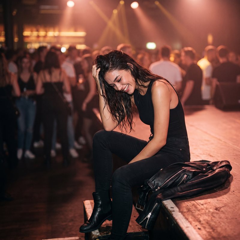 Nova Rai laughing on the edge of a stage, her jacket beside her