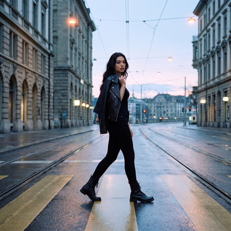 Nova Rai walking across wet tram tracks on an empty city street at dawn, her jacket over one shoulder