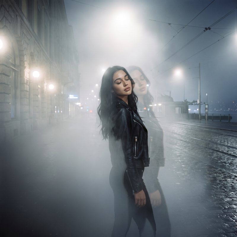 Nova Rai in the fog on tram tracks at night, half disappearing
