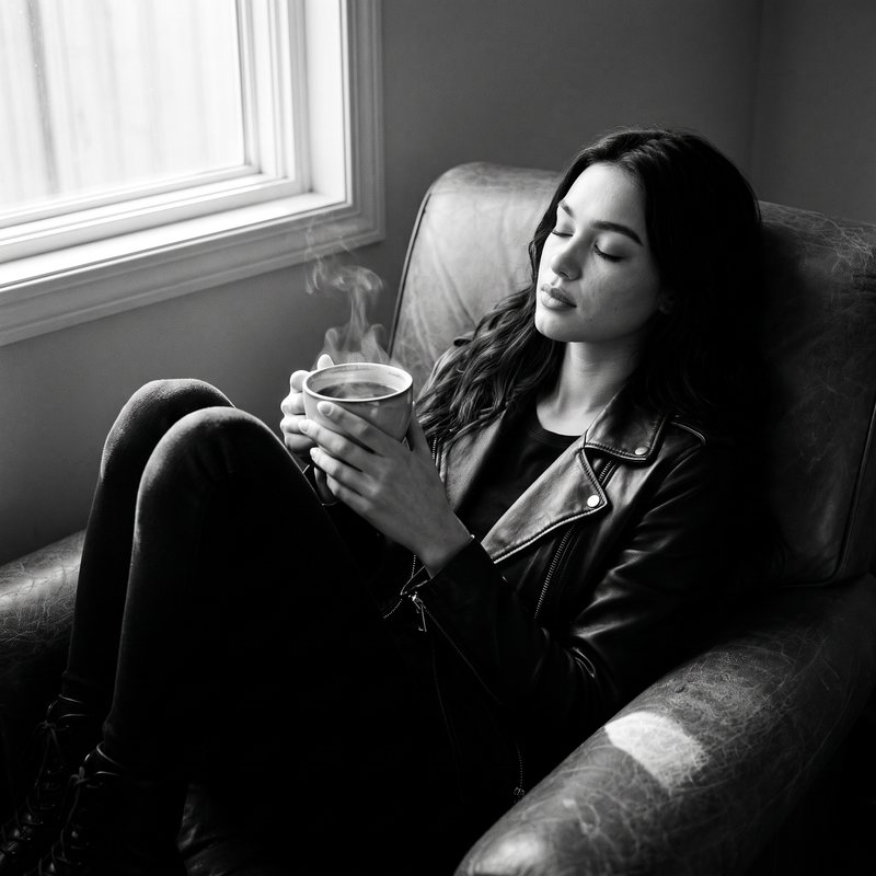 Nova Rai curled in a leather armchair by a window with a steaming cup, in black and white