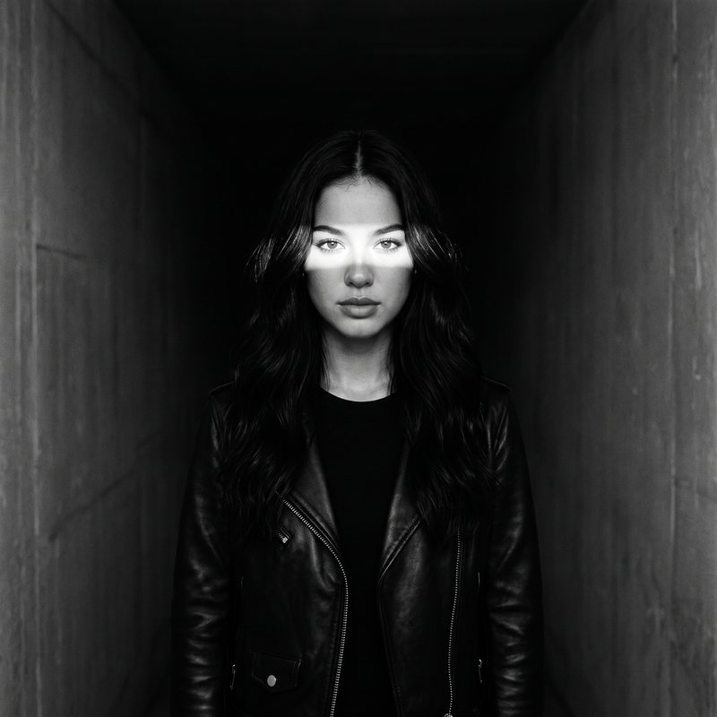 Nova Rai with a band of light across her eyes in a dark corridor, in black and white