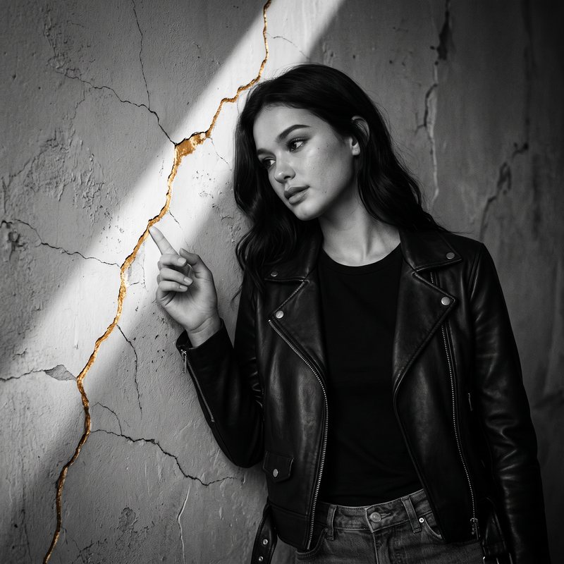 Nova Rai beside a cracked wall mended with gold in a slant of light