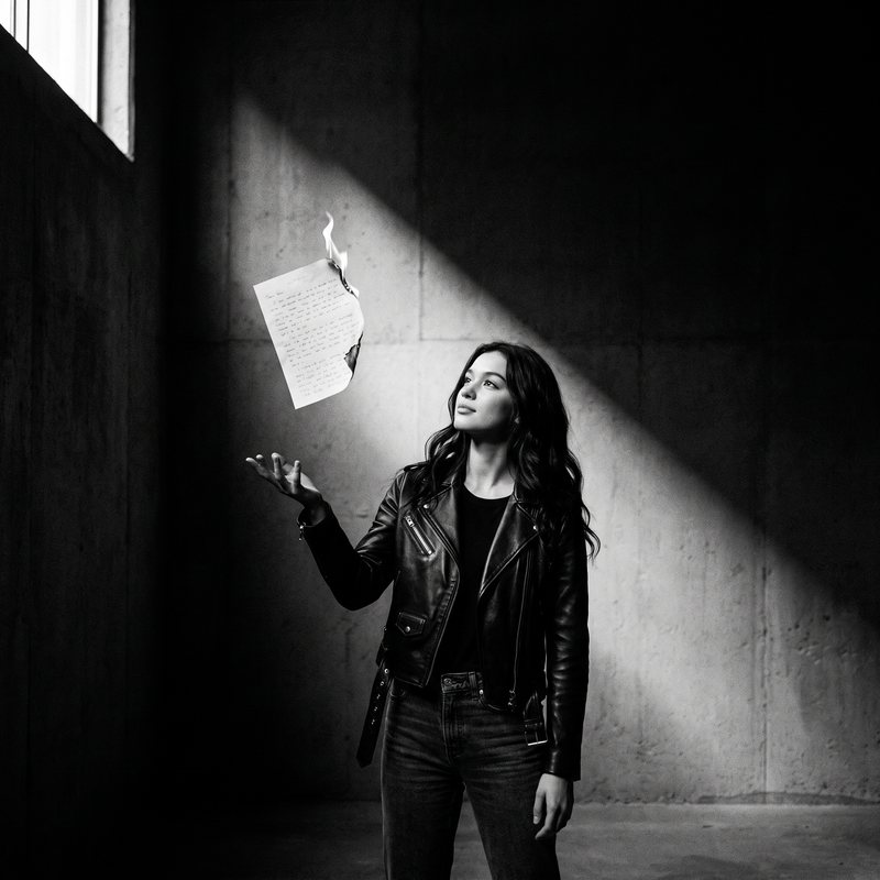 Nova Rai letting a page fly away in a beam of light, in black and white
