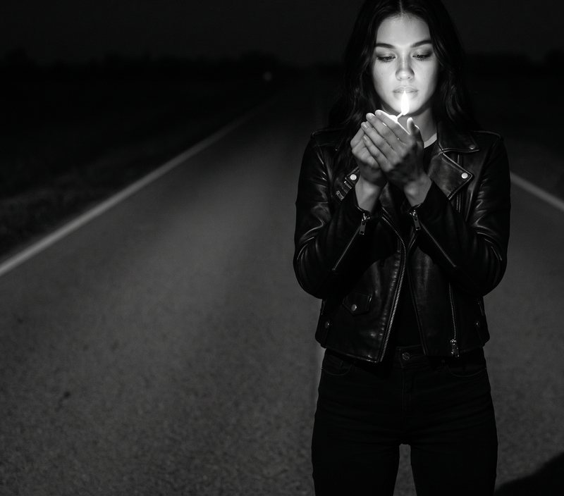 Nova Rai lighting a match in her cupped hands on a night road, in black and white