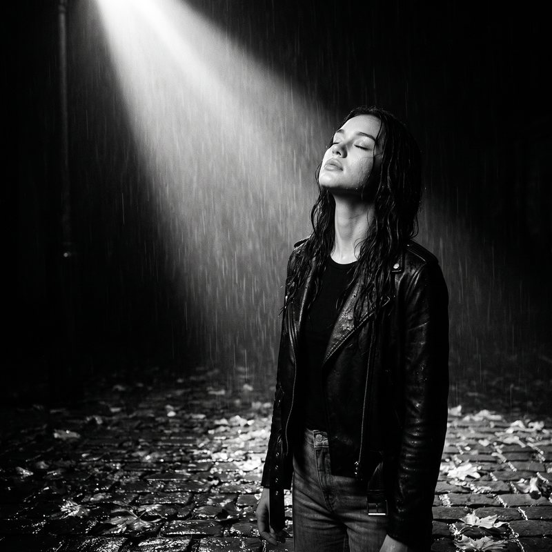 Nova Rai standing in the rain in a shaft of street light, eyes closed, in black and white