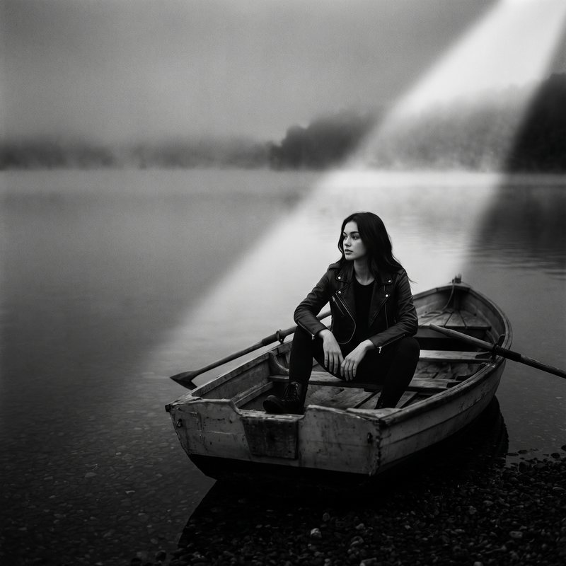 Nova Rai sitting in a small rowing boat on a misty lake in a beam of sun, in black and white