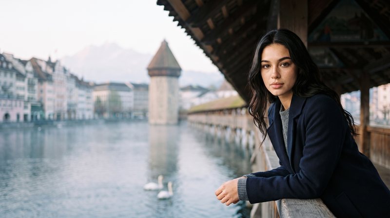 Nova Rai on the Chapel Bridge in Lucerne at dawn, the Water Tower and the swans behind her