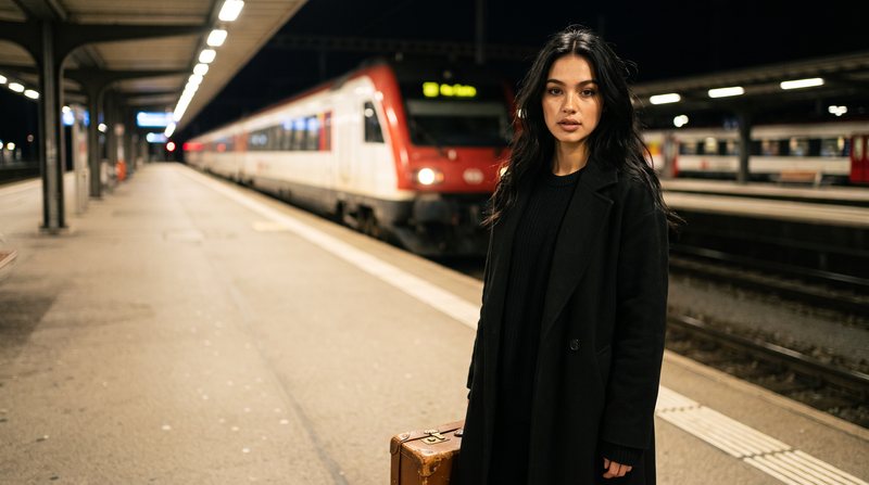 Nova Rai arriving on a night platform with an old suitcase, a red train behind her