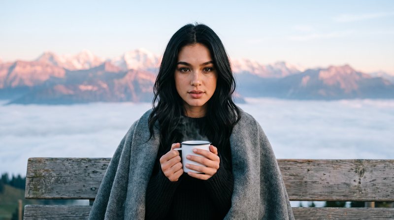 Nova Rai above a sea of fog on the Rigi at dawn, a blanket around her shoulders and a mug in her hands