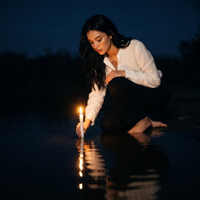 Nova Rai kneeling barefoot in dark water at night, setting a lit candle on the surface
