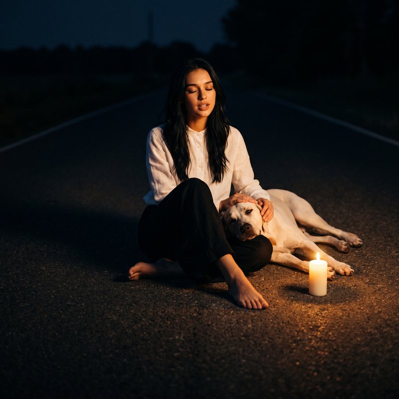 Nova Rai sitting on a night road with a white dog lying beside her, her hand on his head, a candle on the asphalt