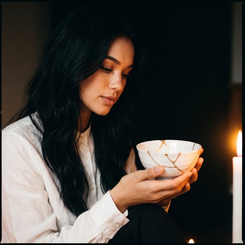 Nova Rai looking down at a white porcelain bowl mended with gold, held in both hands beside a candle