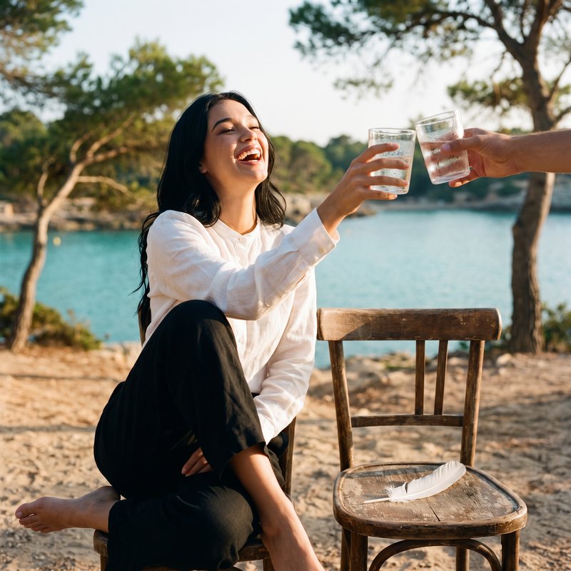 Nova Rai laughing on a wooden chair by a turquoise bay, raising a glass to another hand