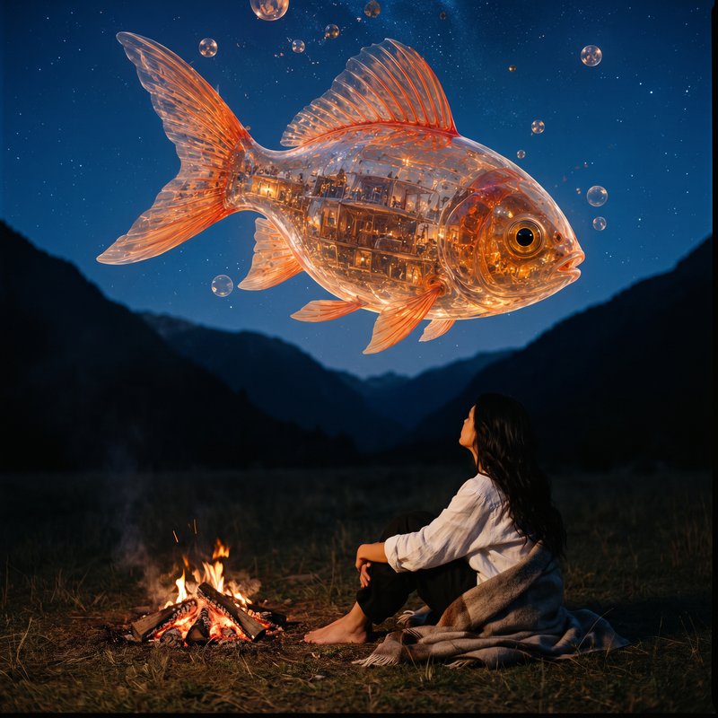 Nova Rai sitting in the grass by a small fire at night, looking up at a great golden fish in the sky above the hills