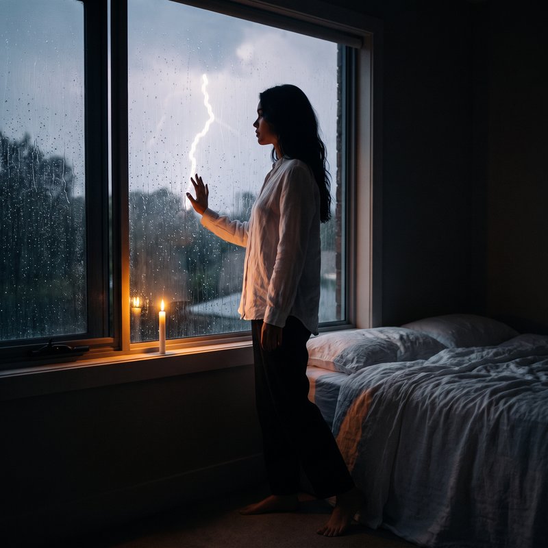 Nova Rai in profile at a rainy bedroom window at night, her hand on the glass, lightning outside, a candle on the sill