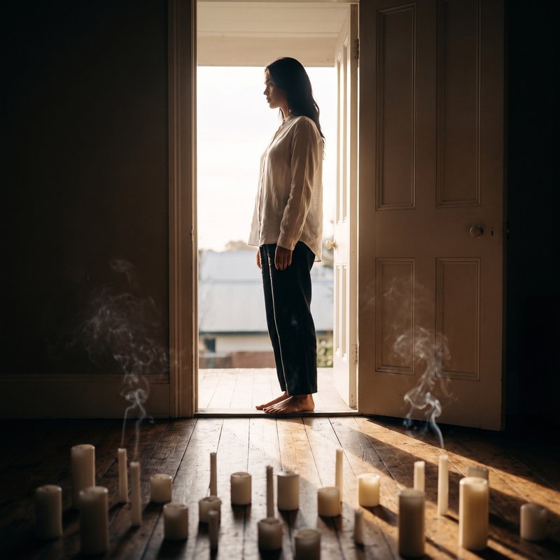 Nova Rai standing barefoot in an open doorway full of morning light, burned down candles smoking on the floor behind her