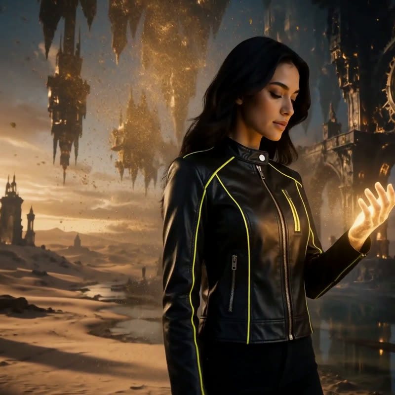 Nova Rai in a dream desert of floating towers and clockwork, light glowing in her hand