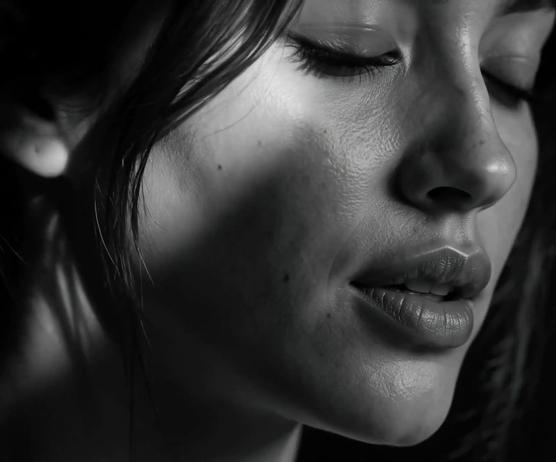 Nova Rai with her eyes closed in a close portrait, in black and white