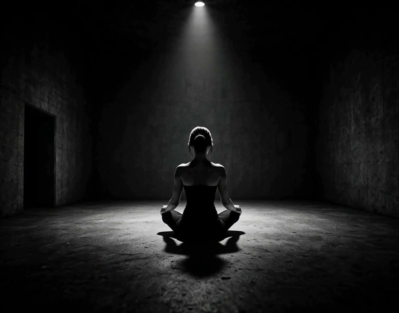 Nova Rai sitting alone in a spotlight in a dark room, in black and white