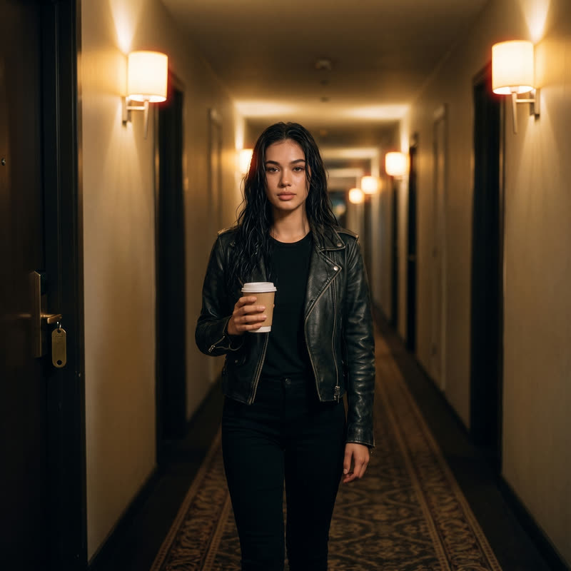 Nova Rai in a black leather jacket walking down a long hotel corridor at night, a paper cup of coffee in her hand