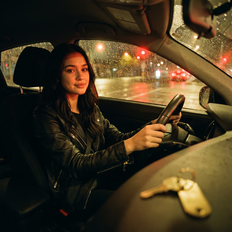 Nova Rai at the wheel of a car before dawn, rain and red lights on the windscreen, a key on the dashboard