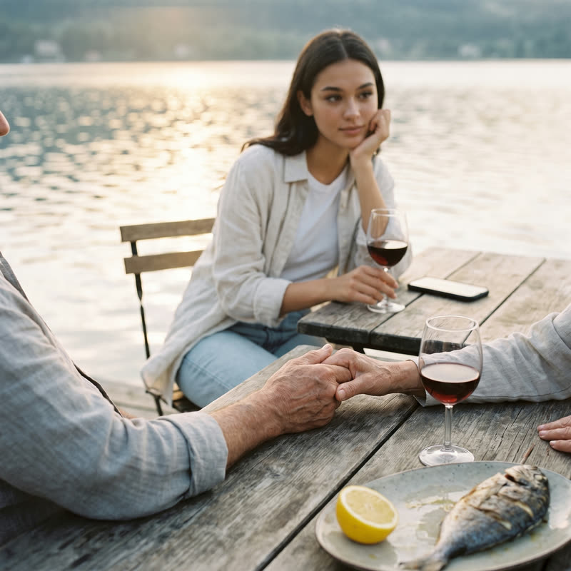 Nova Rai at a lakeside table in the evening sun, her chin on her hand, a glass of red wine beside her