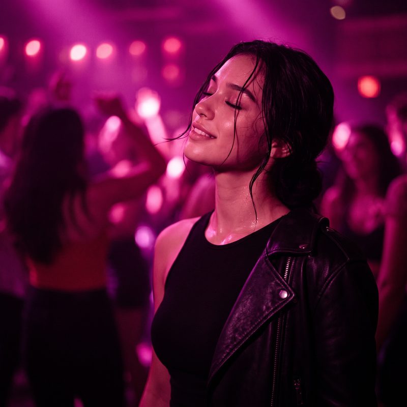 Nova Rai with her eyes closed, smiling in magenta club light, her leather jacket slipping off one shoulder